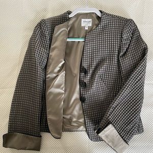 Armani Collezioni jacket collarless style. Light grey and black Wool blend.